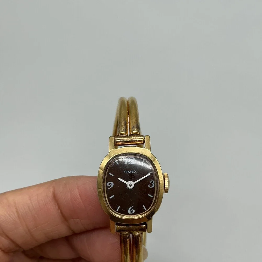 Vintage Timex Womens Watch 16mm Brown Dial Gold Tone Bangle Manual Wind 6.5